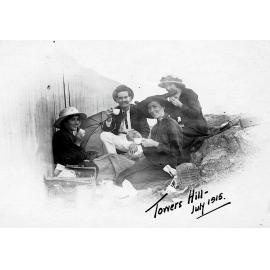 Daniel McCallum and three women drinking tea on Towers Hill, July 1915