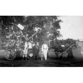 Costumed people preparing for Eight Hour Day Carnival