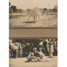 2 photos: Three Legged Race at the Natal Downs Race Meeting, A woman hammering a piece of timber in front of crowd at Natal Downs Race meeting