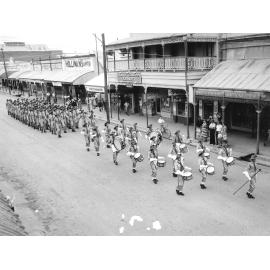 Cadets and Cadet Band, ANZAC Day march, Gill Street, 1956