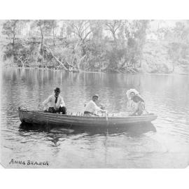 Fred Staubwasser (centre) and party boating on the Anabranch