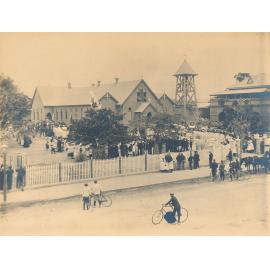 Crowd outside the St Columbas Catholic Church, Gill St
