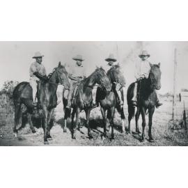 Tiger King, Steve Saunders, Keith and Bob Masso on horseback at Cardigan Station