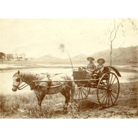 Two boys in a buggy, possibly one on right is Charles Pfeiffer