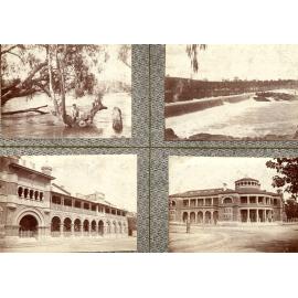 Four photos: Weir, man on a tree in river, unknown building