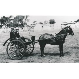 Harold Siemon and Mr Butler in a sulky outside Showground
