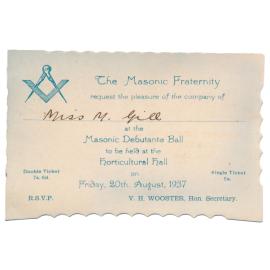Invitation card for Mary Gill for the Masonic Debutante Ball August 1937 in the Horticultural Hall