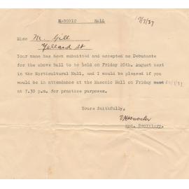 Acceptance Letter for Mary Gill for Debutante Ball August 1937 in the Horticultural Hall