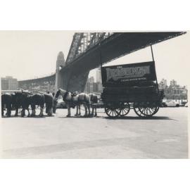 Horse drawn wagon promoting ‘The Irishman’ film under the Sydney Harbour Bridge 1977