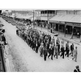 Returned Soldiers in Anzac Day March, 1955, Gill Street, taken opposite Acme Cafe