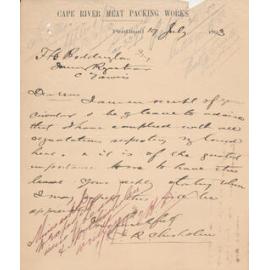 Cape River Meat Packing Works, Pentland Letterhead, 1893
