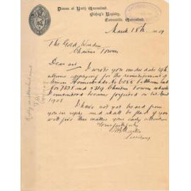 Diocese of North Queensland, Bishop Registry, Townsville, Queensland Letterhead, 1909