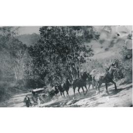 Team of four horses pulling motor vehicles up steep hill